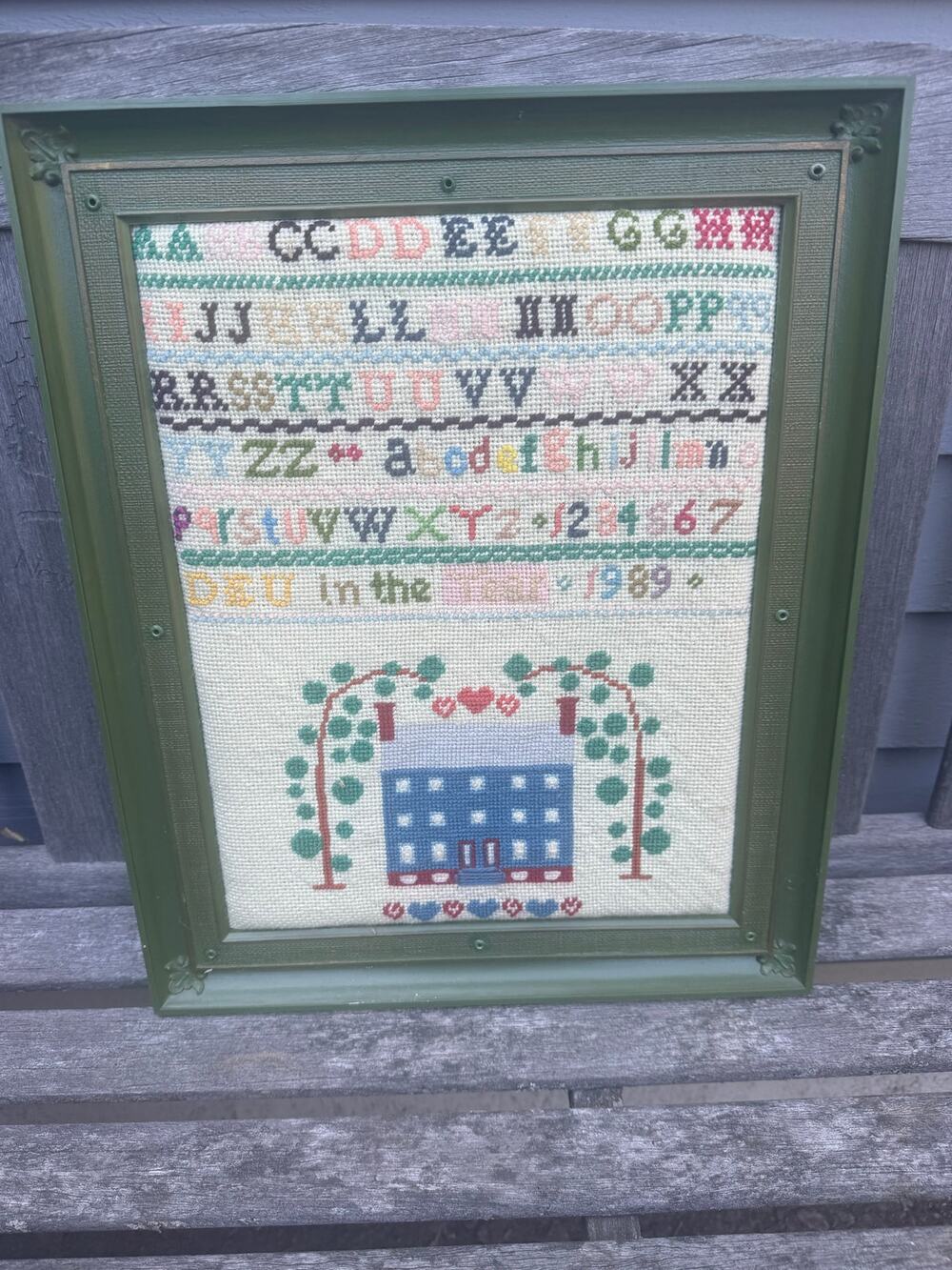 Vintage Cross Stitch Sampler Dated 1989 16.5X13.5"